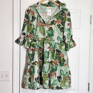 Be Boho Green Leaf Leopard Print Midi Dress